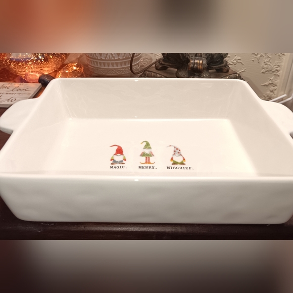 Rae Dunn MISCHEIF, MAJIC  & MERRY gnomes casserole dish - Picture 2 of 2